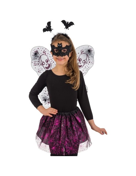 Set costume streghetta bambina con ali decorate, gonna fucsia tulle, cerchietto pipistrelli e maschera nera