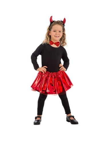 Bambina con costume da diavoletta cerchietto corna rosse gonna metallizzata papillon per Halloween
