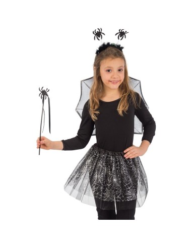 Bambina con costume ragnetto nero: ali, gonna tulle, cerchietto spider e bacchetta per Halloween