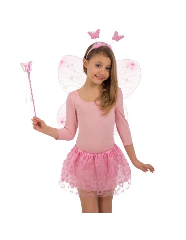 Set costume farfalla rosa bambina con ali glitterate gonna tulle bacchetta e cerchietto