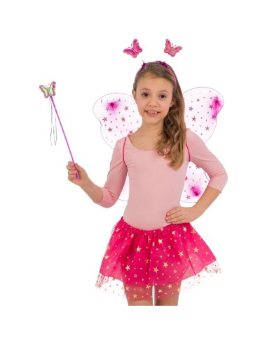 Set costume farfalla fucsia con ali trasparenti, gonna tulle stellata, cerchietto e bacchetta per bambina
