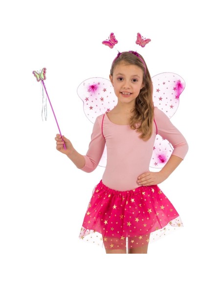 Set costume farfalla fucsia con ali trasparenti, gonna tulle stellata, cerchietto e bacchetta per bambina