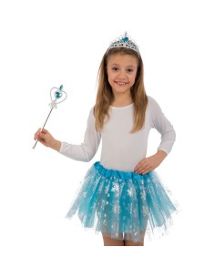 Set principessa ghiacci bambina con cerchietto corona, gonna tulle azzurra e bacchetta magica