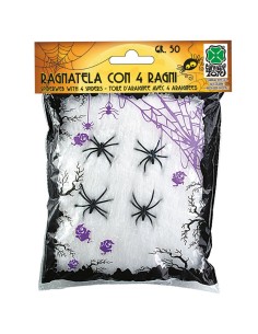 Ragnatela bianca con ragni neri decorativi per Halloween in confezione trasparente accessori horror