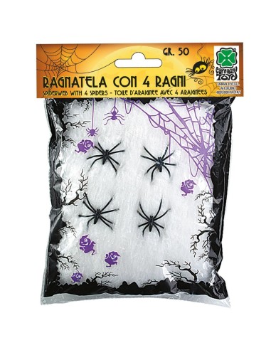 Ragnatela bianca con ragni neri decorativi per Halloween in confezione trasparente accessori horror