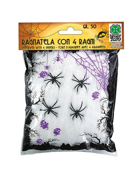 Ragnatela bianca con ragni neri decorativi per Halloween in confezione trasparente accessori horror