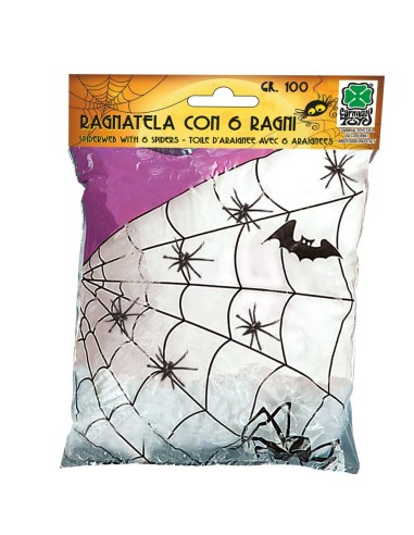 Ragnatela bianca decorativa 100gr con ragni neri per decorazioni Halloween e feste a tema horror