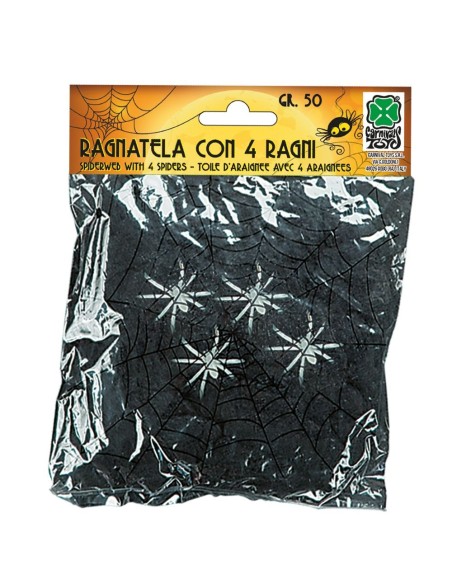 Ragnatela nera estensibile con 4 ragni decorativi per Halloween horror in confezione