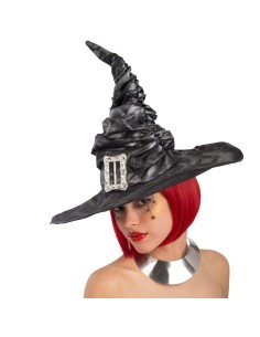 Cappello da strega grigio con tessuto arricciato, fibbia decorativa e punta alta per costume Halloween
