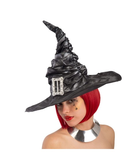 Cappello da strega grigio con tessuto arricciato, fibbia decorativa e punta alta per costume Halloween