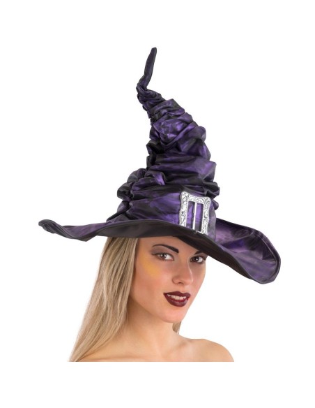 Cappello strega viola arricciato con fibbia decorativa altezza 42 cm per costume Halloween