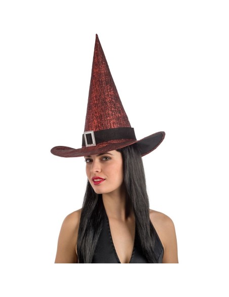 Cappello da strega rosso metallizzato con fibbia nera, altezza 40 cm, indossato da modella per Halloween