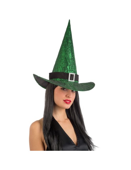 Cappello strega verde metallizzato con fibbia e punta alta per costume Halloween