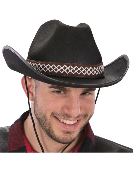 Cappello cowboy nero in feltro con fascia bianca decorativa e laccetti per costume western