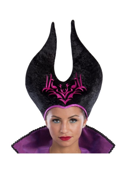 Cappello Strega Malefica nero in velluto con corna e decorazioni fucsia per costume Halloween
