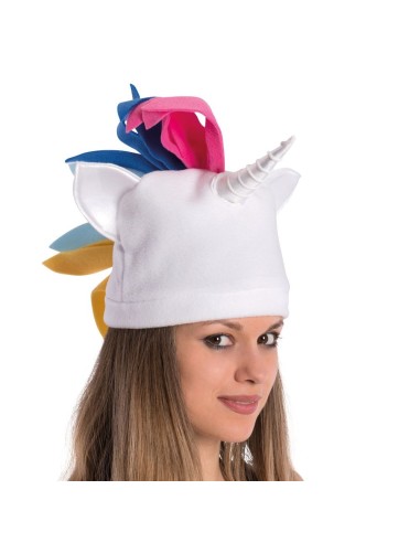 Cappello unicorno bianco in pile con corno argentato e criniera multicolore rosa blu gialla