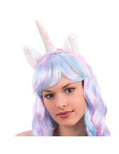 Cerchietto unicorno bianco e rosa con corno spiralato e orecchie per costume fantasy
