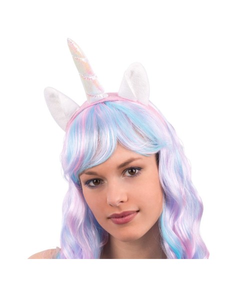 Cerchietto unicorno bianco e rosa con corno spiralato e orecchie per costume fantasy