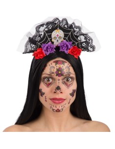 Cerchietto nero con teschio messicano, ragnatela in pizzo e rose rosse viola per Halloween Day of the Dead