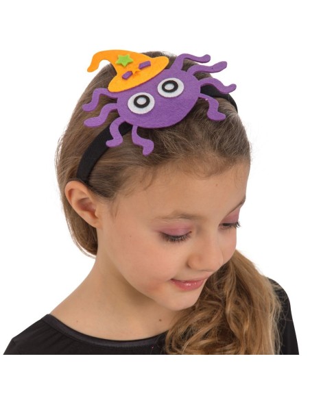 Cerchietto Halloween con ragnetto viola in feltro e cappello arancione da strega per bambina