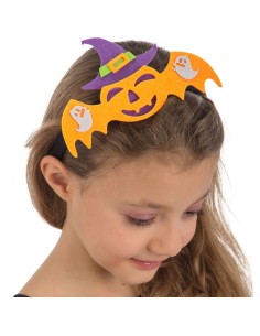 Cerchietto Halloween feltro con pipistrello arancione e cappello viola da strega per bambina
