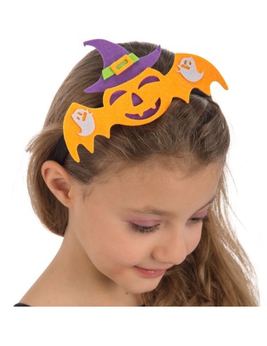 Cerchietto Halloween feltro con pipistrello arancione e cappello viola da strega per bambina