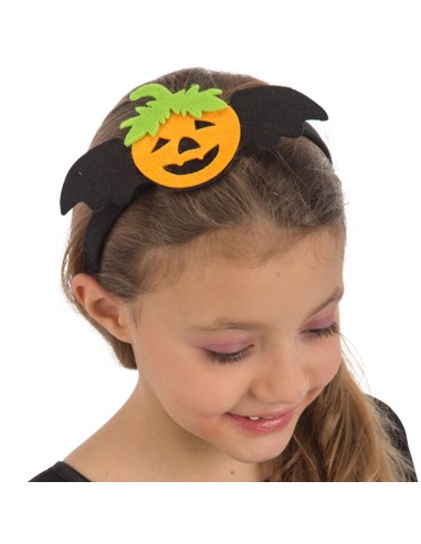 Cerchietto Halloween con zucca in feltro arancione e decorazioni nere per bambina