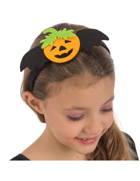 Cerchietto Halloween con zucca in feltro arancione e decorazioni nere per bambina