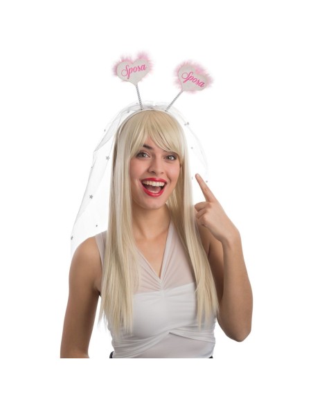 Cerchietto sposa con cuori rosa marabout e velo bianco per addio al nubilato e feste a tema matrimonio