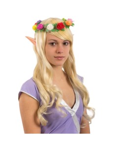 Donna con orecchie elfo appuntite in plastica e parrucca bionda per costume fantasy