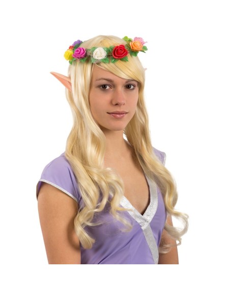 Donna con orecchie elfo appuntite in plastica e parrucca bionda per costume fantasy