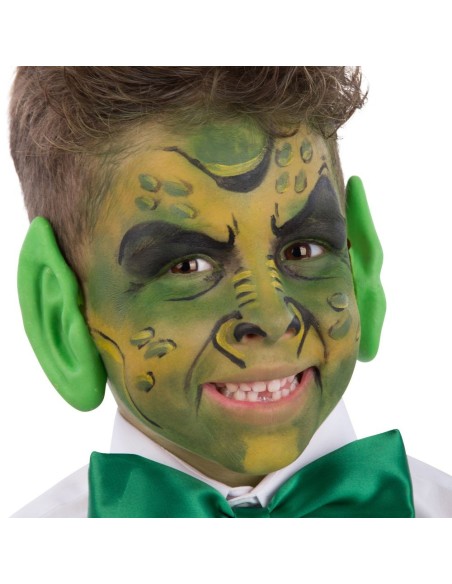 Bambino con orecchie da orco verdi in fingomma e trucco mostruoso per Halloween