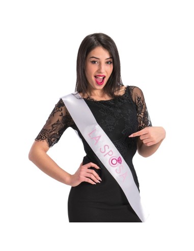 Fascia bianca LA SPOSA a tracolla per addio al nubilato con scritta rosa