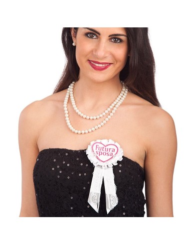 Coccarda bianca e rosa Futura Sposa con nastri per addio al nubilato e festa di fidanzamento