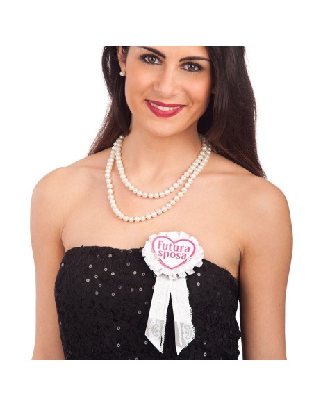 Coccarda bianca e rosa Futura Sposa con nastri per addio al nubilato e festa di fidanzamento