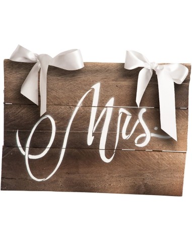 Segnaposto matrimonio Mrs in legno naturale con fiocchi bianchi decorativi per sposa