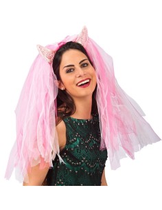 Cerchietto addio al nubilato con corna dorate e velo rosa per feste matrimonio