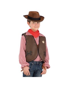 Set costume cow-boy bambino con gilet marrone, cappello western e fazzoletto rosso da collo per travestimenti
