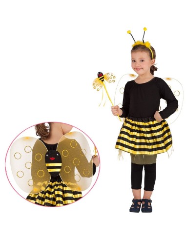 Costume da ape per bambina con ali dorate, gonna a righe gialle e nere, cerchietto antennine e bacchetta