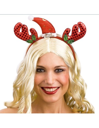 Cerchietto natalizio con corna di renna rosse in paillettes e foglie verdi decorative per feste di Natale