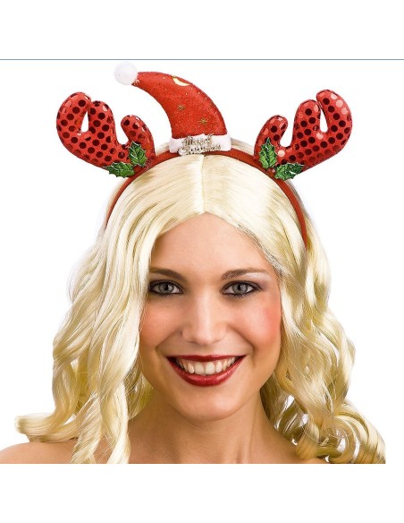 Cerchietto natalizio con corna di renna rosse in paillettes e foglie verdi decorative per feste di Natale