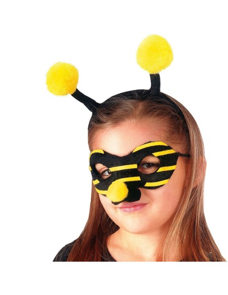 Set costume ape bambina con cerchietto antenne pompon gialli e maschera righe gialle nere