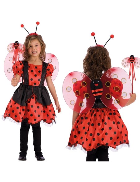 Set accessori coccinella bambina con ali rosse a pois neri, cerchietto antenne e bacchetta per costume