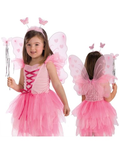 Set costume farfalla rosa bambina con ali trasparenti, cerchietto e bacchetta magica