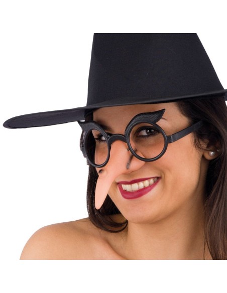 Occhiali neri con naso da strega adunco per costume Halloween donna