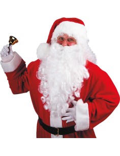 Babbo Natale con barba bianca gigante e lunga, costume natalizio completo con cappello rosso
