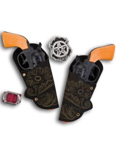 Set cowboy bambino con cinturone decorato, due pistole giocattolo arancioni e stella sceriffo argentata