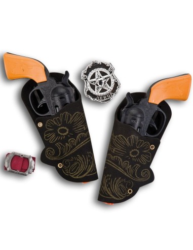 Set cowboy bambino con cinturone decorato, due pistole giocattolo arancioni e stella sceriffo argentata