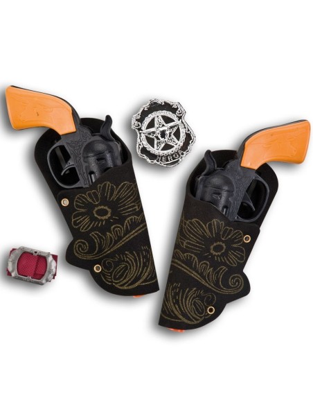 Set cowboy bambino con cinturone decorato, due pistole giocattolo arancioni e stella sceriffo argentata