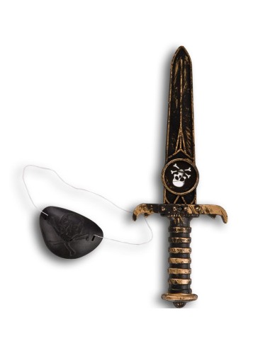 Pugnale pirata decorativo con benda nera per occhio, accessorio costume corsaro lunghezza 22 cm